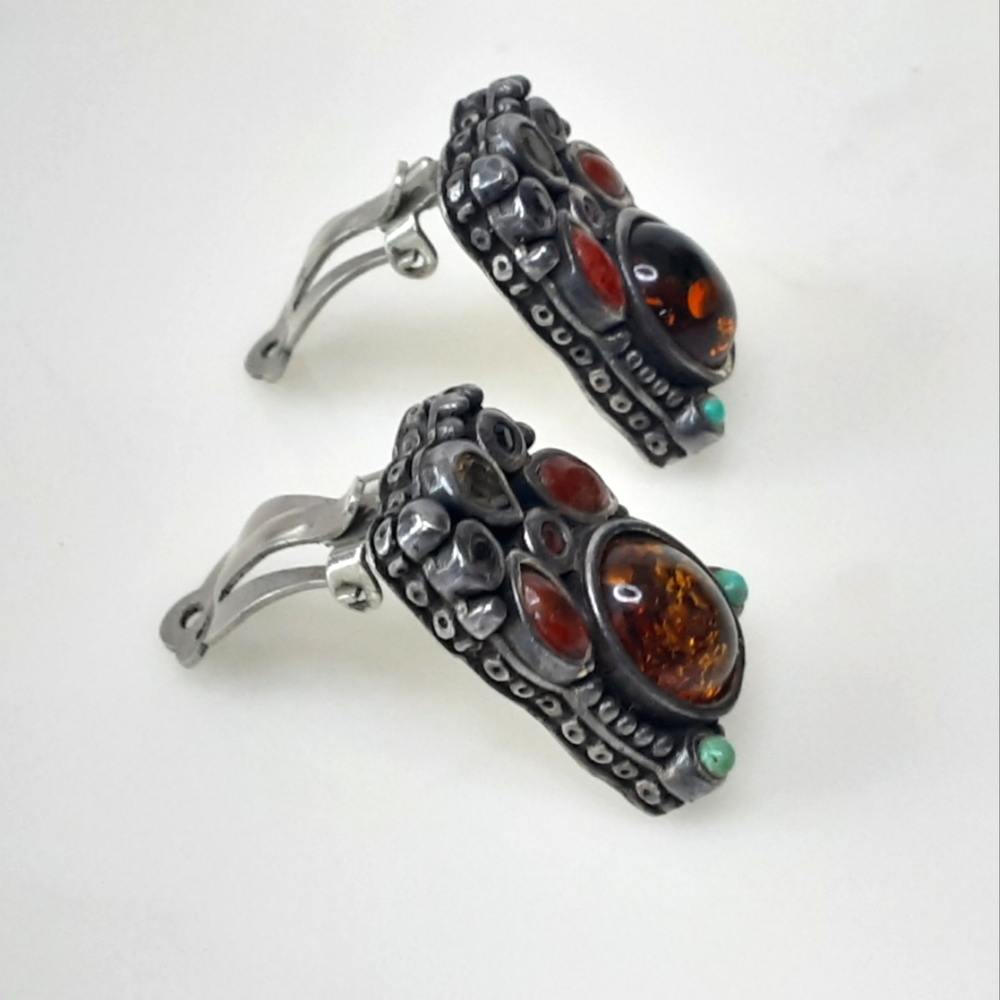 BARSE 925 Amber | Multi-Semi Precious Stone Rectangle Clip-On Earrings - Vtg - Picture 9 of 11